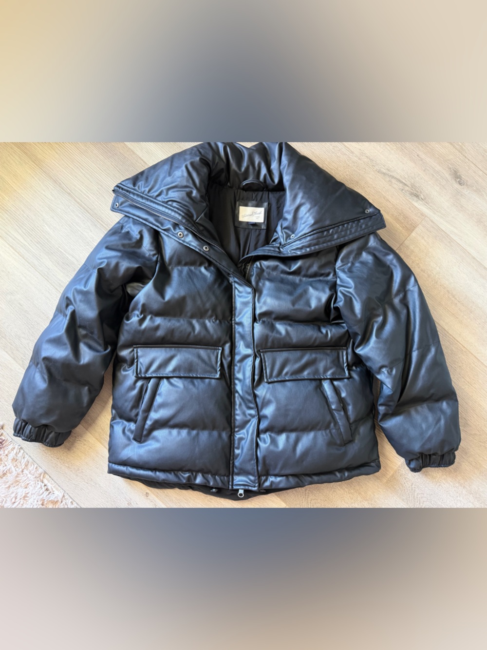Universal Thread Black Faux Leather Puffer Coat